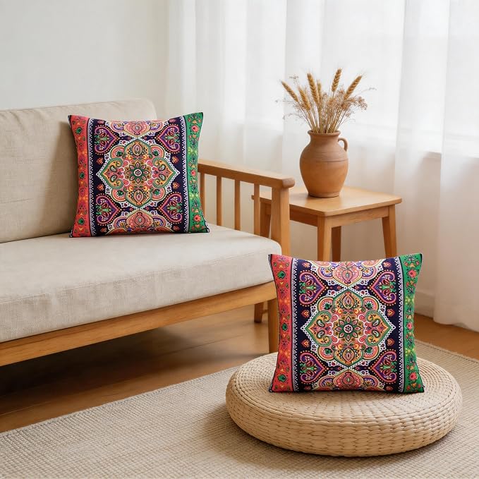 Ethnic Floral Pillow Covers 18x18 Set of 2 Boho Mandala Throw Pillows for Couch Vibrant Polyester Decorative Cushion Cases for Bedroom Living Room Patio Outdoor