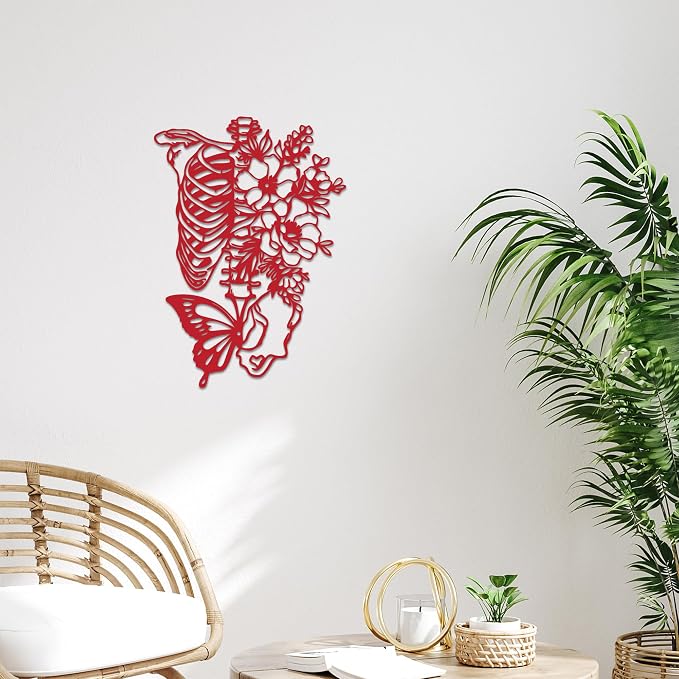 Rajukit Skull & Butterfly Wall Art, Gothic (Red) | 3D metal skeleton with flowers, red finish; waterproof; bedroom, gothic room, patio; halloween/goth; gift for women