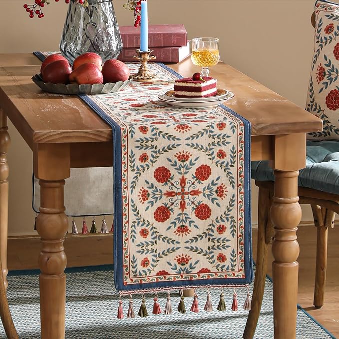 Patdrea Designer French Elegant Linen Table Runner,12"X118"-Puno B | Vintage Tablerunner 118 Inches Long,Colorful Floral Pattern,Decorative Runner for Dining Room Living Room Banquet