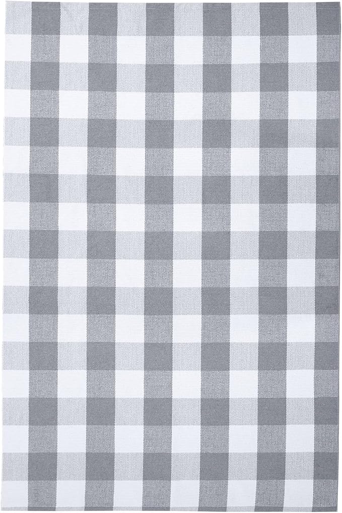 KOZYFLY Buffalo Plaid Rug 4x6 Ft Checkered Grey and White Front Door Mat | Washable Outdoor Rugs, Cotton Front Porch Rug, Woven Front Door Rug, Indoor Carpet for Living Room Dining Room Kitchen Patio