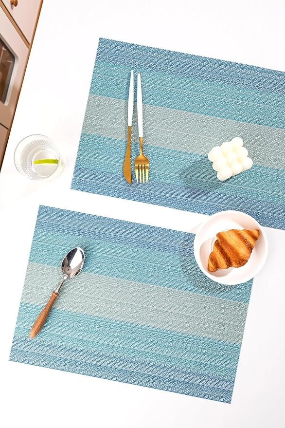 LEXMORE PlaceMats Set of 12 Vinyl/Plastic Woven Place Mats for Kitchen Table Indoor/Outdoor Washable PlaceMat Wipeable Dining Table Mats(Ocean Geode)