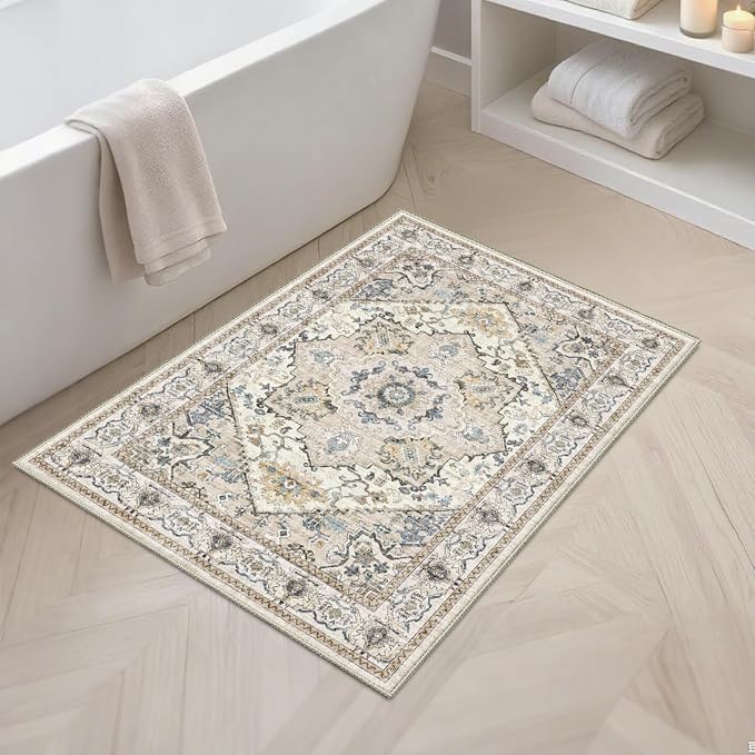 AooHHooA 2x3 Washable Non-Slip Boho Area Rug for Kitchen Bathroom Entryway Bedroom, Beige Vintage Print Stain Resistant Home Decor