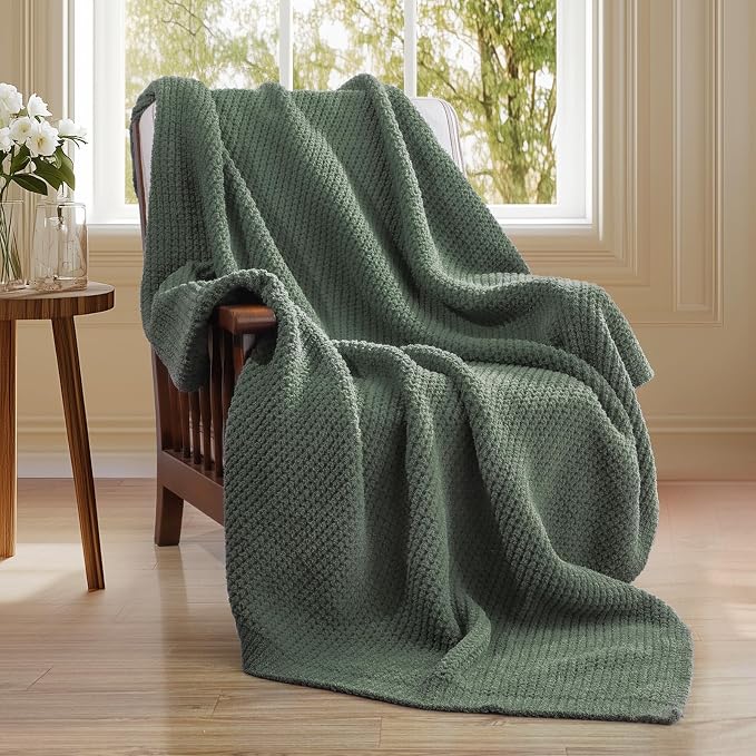Waffle Knit Throw Blanket for Couch, Soft Cozy Chunky Knit Thick Knitted Blanket for Sofa, Bed, Gift for Women Girls Home Decor (Sage, Twin 60"x80")