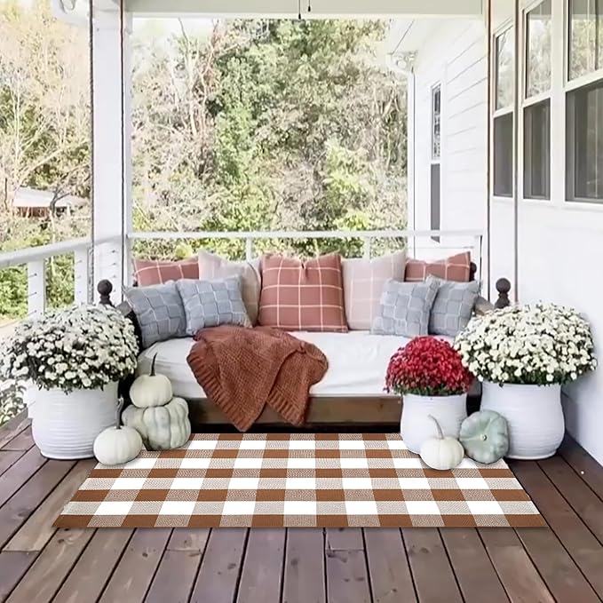 Homydecor Buffalo Plaid Outdoor Rugs, 3'x5' Coffe and White Checkered Area Rug, Layering Rug for Hello/Welcome Door Mat, Washable Cotton Woven Farmhouse Mat for Front Porch Décor