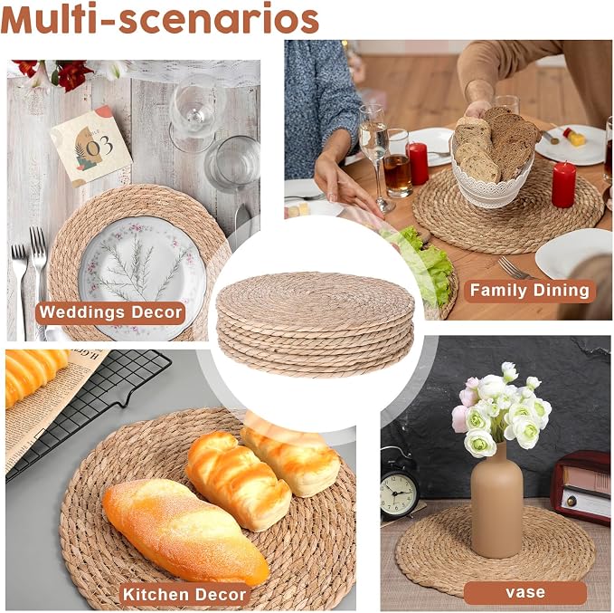 Round Woven Placemats Set of 20, 12" Brown Round Rattan Placemats Natural Water Hyacinth Place mats Farmhouse Boho Braided Placemat for Dining Table, Home, Wedding, Heat Resistant/Anti-Slip