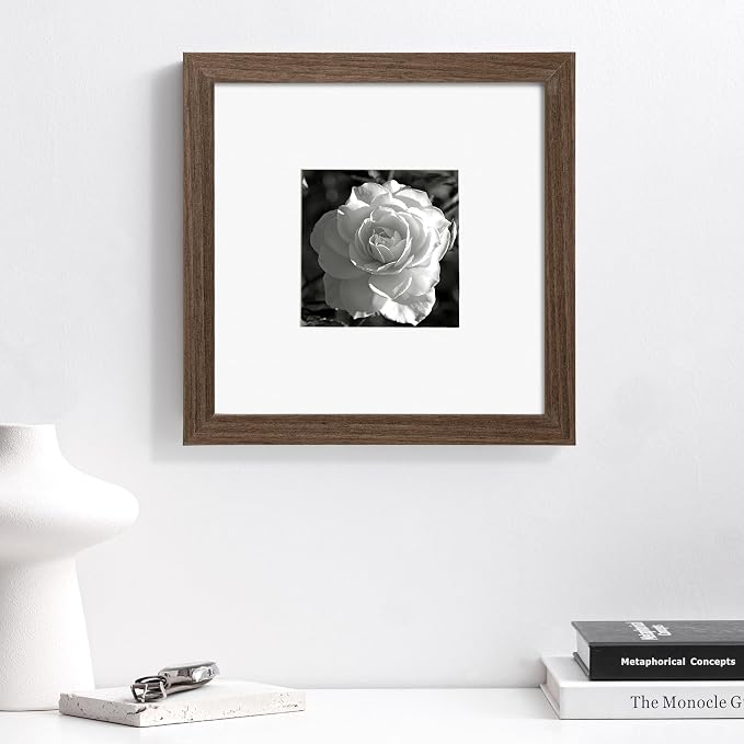 eletecpro Picture Frames Set of 9, 8x8 in, Acrylic Cover, Walnut Brown | Display Photo 4x4 with Mat or 8x8 without, Square Gallery Collage, Wall Mount, Minimalist Home Decor, Engineered Wood