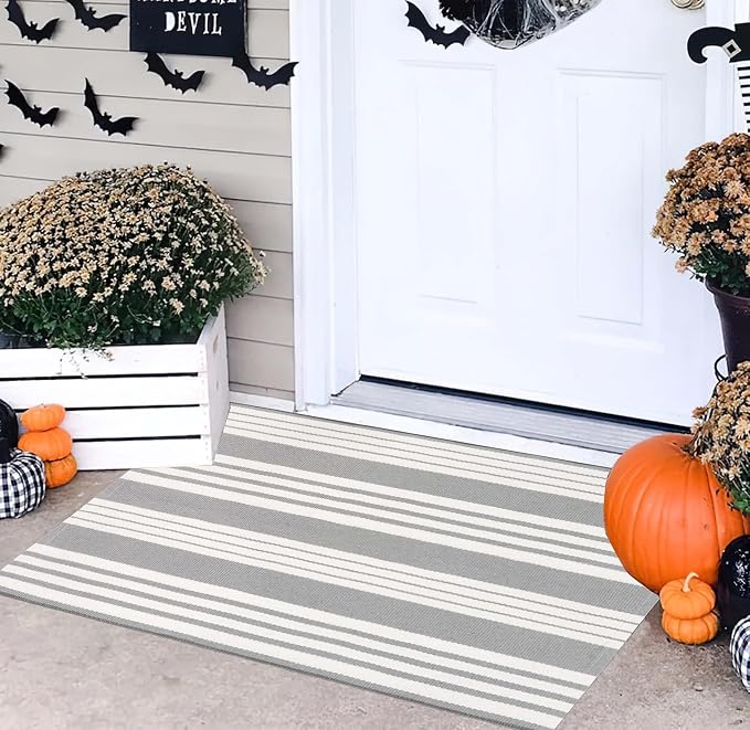 Grey and White Outdoor Doormat 24"x35"Cotton Washable Striped Outdoor Rug | Hand-Woven Cotton Outdoor Front Porch Rug For Entryway Combined With Hello Welcome Mat