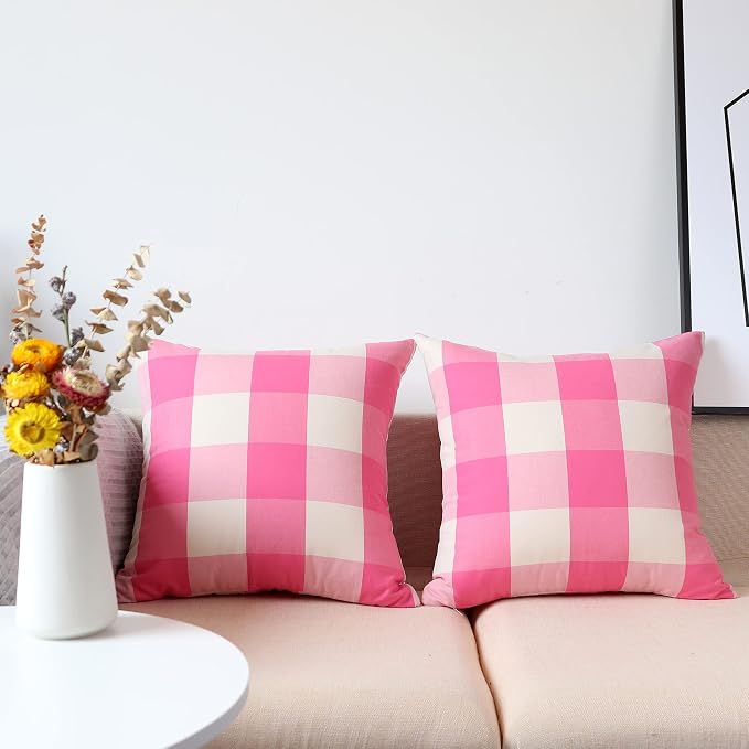 Valentines Day Decorative Throw Pillow Covers Pink and White Buffalo Check Plaid Cushion Cases 16 x 16 in Pack of 2 Farmhouse Decor for Couch Sofa Bedroom Patio Outdoor
