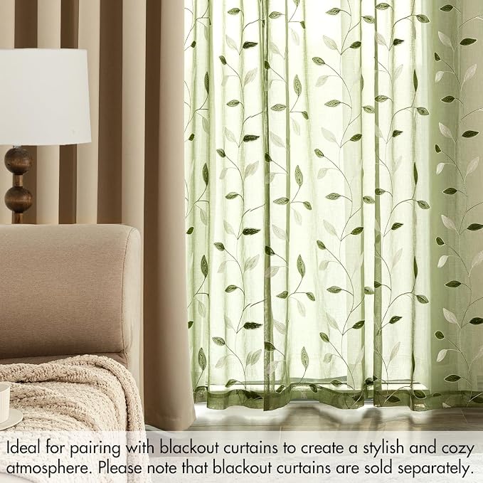 MIULEE Sage Green Sheer Curtains 2 Panels Leaf Patterned, W52 x L96 | Embroidered Floral Semi Sheer,Rod Pocket,Faux Linen,Short Window Curtains Drapes Set for Kitchen/Bathroom/Cafe