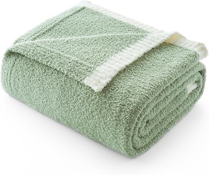 Snuggle Sac Sage Green Throw Blanket for Couch Bed Sofa 60x80 inches, Reversible Sage Green Blanket Microfiber Fluffy Fuzzy Cozy Knit Twin Blanket for Women Mothers Birthday Gifts