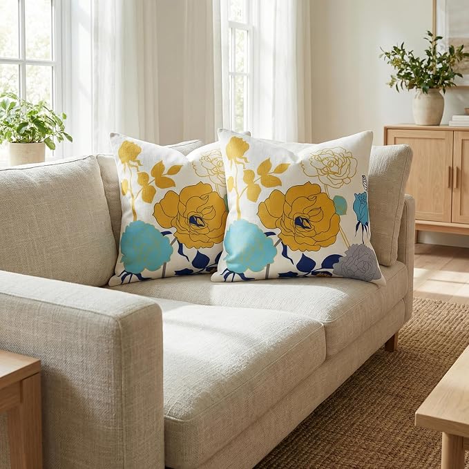 Blue Yellow Floral Pillow Covers 16x16 Set of 2 Thick Cotton Linen | Durable Thick Cotton Linen Material, Soft Breathable Floral Decor, Suitable For Spring Summer Couch Bed & Outdoor Patio Porch