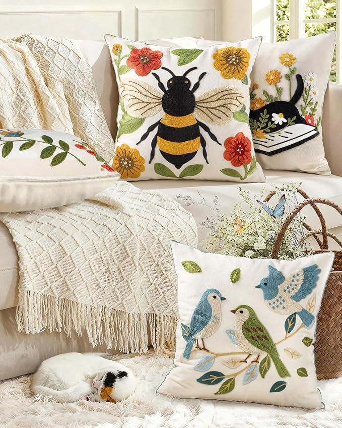 Animal Embroidered Throw Pillow Cover 18x18 Inch, Bee Floral | Decorative Pillow Cover, Farmhouse Cushion Cases with Hidden Zipper, Cottagecore Decor for Couch, Sofa, Living Room