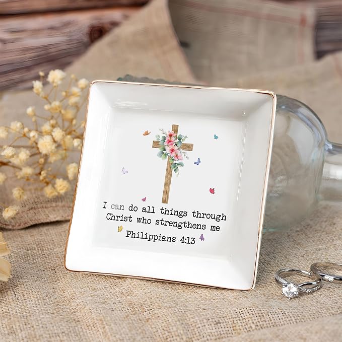 Inspirational Bible Verse Jewelry Dish,4" Ceramic Jewelry Tray Christian Gifts for Women, Religious Gifts for Mom, Daughter, Sister, Friends - Birthday, Confirmation, Catholic Gift for Her, Teen Girls