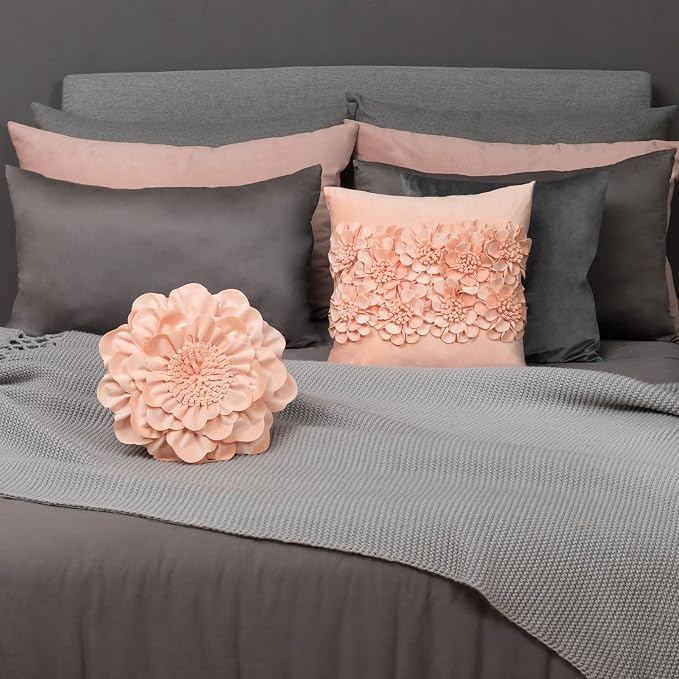 JWH 3D Flower Throw Pillow Cover Decorative Round Pillow Case Floral Cushion Velvet Pillowcase for Bed Sofa Couch Car Decor 14x14 Inches Peach Pink