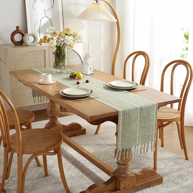 Wracra Rustic Linen Table Runner, Sage Green Table Runners 90 inches Long | Raised Embroidered Hollow Design and Hand-Tassels;Cotton Linen Woven Fabric; Farmhouse Table Runner;Home Dining Decor