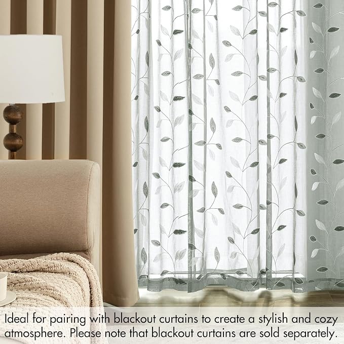 MIULEE Sage Sheer Curtains 2 Panels Embroidered Leaf Patterned, W52 x L96 | Embroidered Floral Semi Sheer,Rod Pocket,Faux Linen,Short Window Curtains Drapes Set for Kitchen/Bathroom/Cafe