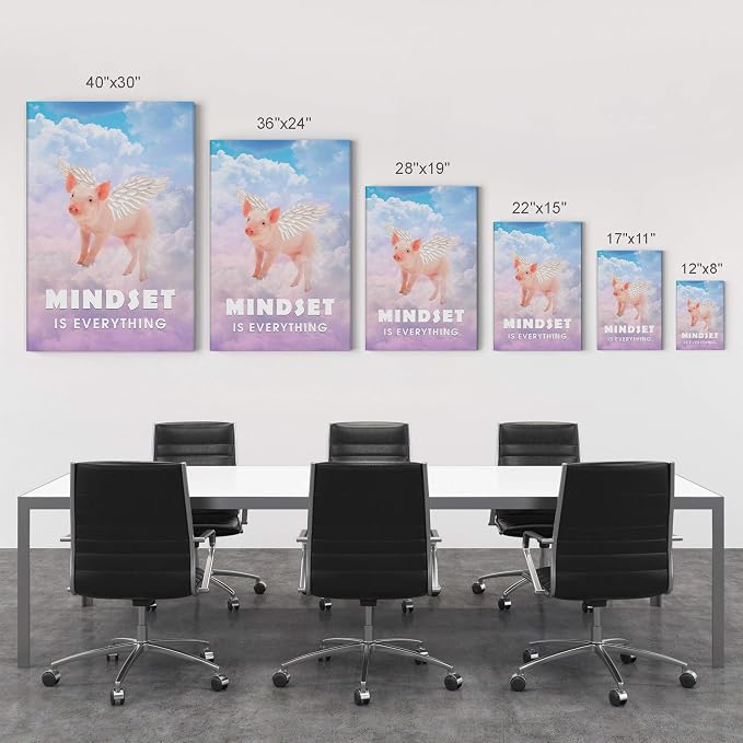 Smile Art Design Mindset is Everything Cute Pig with Wings Flying in Sky Motivational Canvas Wall Art Inspirational Wall Art Entrepreneur Quote Print Office Living Room Decor Gift Ready to Hang 36x24
