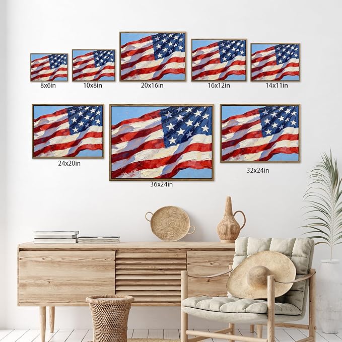 American Flag Framed Canvas Wall Art, 4th of July Patriotic Canvas Prints | USA Flag with Picture Poster Print, Modern Independence Day Wall Decor for Bedroom Living Room Office 20×24in