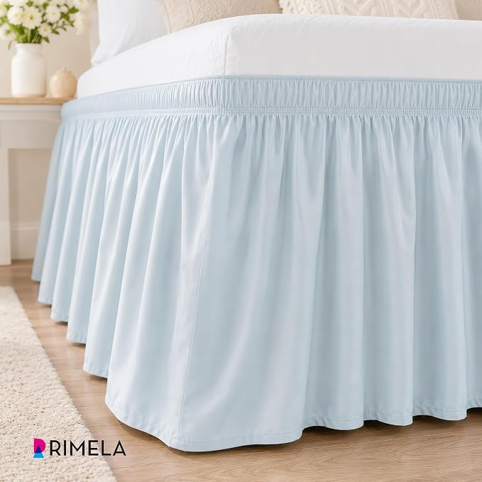 Blue Bed Skirt King Size 18 Inch Drop, Elastic Wrap Around Bedskirt | Solid Ruffled, Easy to Use, No Mattress Lifting, Wrinkle & Fade Resistant, with Adhesive Strips, Machine Wash/Dry/Iron