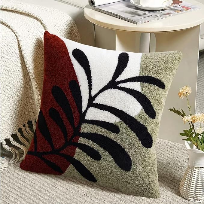 Merrycolor Boho Decorative Throw Pillow Covers 18x18 Tufted Green Decorative Pillows Covers Leaf Mid Century Modern Throw Pillows for Bed Couch Sofa Living Room 1PC (Green and Red )