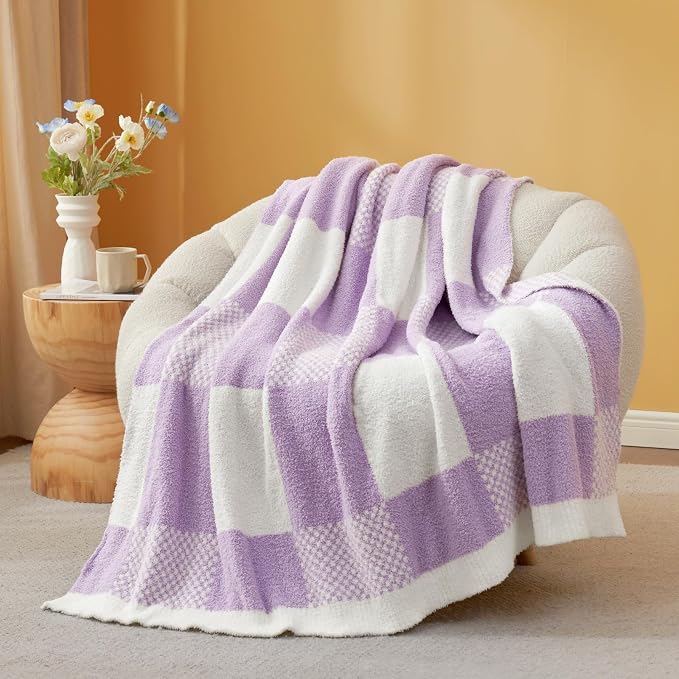 Snuggle Sac Checkered Blanket, Lilac Purple Throw Blanket for Couch Plaid Microfiber Fluffy Warm Cozy Fuzzy Soft Throw Blanket Reversible Checkered Blankets for Sofa, Bed, 60x80 inches
