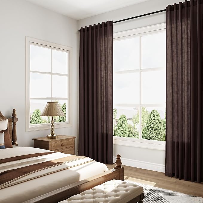 Extra Long Curtains 102 Inches Long for Bedroom Living Room Coffee Brown Back Tab Rod Pocket Light Filtering Semi Sheer Drapes Cotton Linen Textured 102 Inch Length for Dinning Room,2 Panels