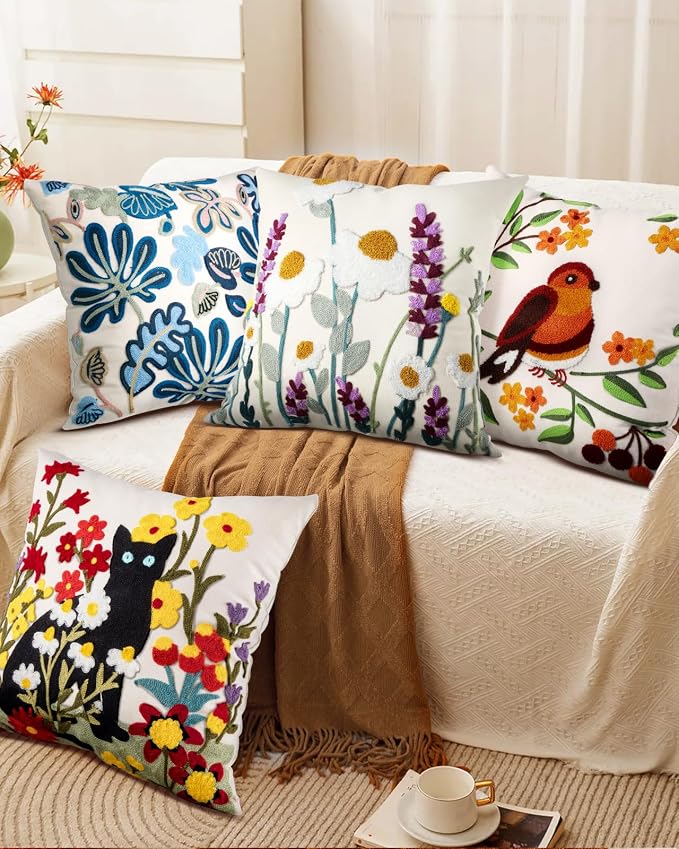 Embroidered Throw Pillow Cover - 18x18 Decorative Pillow Cover with Zipper Aesthetic Cute Design Boho Spring Summer Throw Pillowcase for Living Room Couch Sofa Bed, Wild Floral