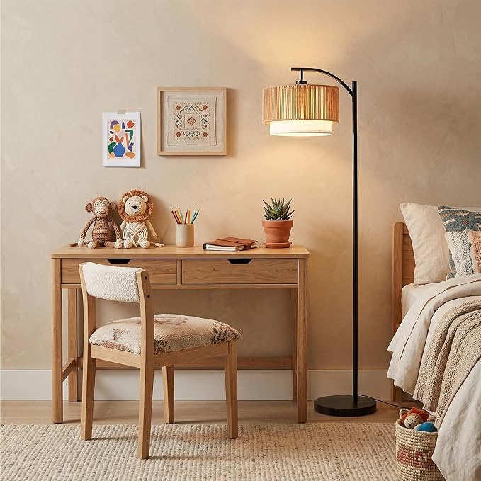 TJOY Arc Floor Lamp for Living Room, Boho Rattan & Fabric Shades