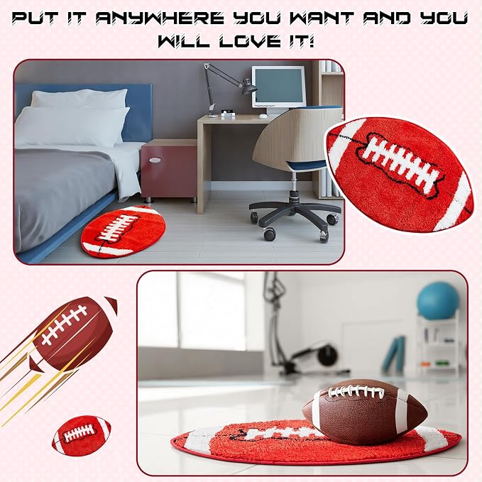 Funtery Football Rug for Boys Room Decor 32x20" Non Slip Absorbent Sports Soft Carpet Field Sports Area Rug Washable Touchdown Mat for Bathroom Playroom Athlete Back to School(Red, Football)