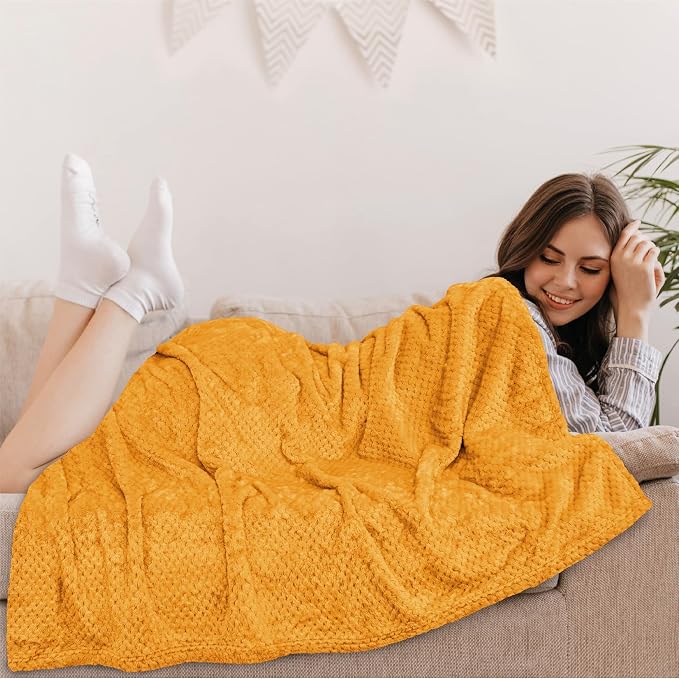 PAVILIA Mustard Yellow Fleece Throw Blanket for Couch Sofa Bed, Soft Fuzzy Waffle Jacquard Microfiber, Warm Lightweight Fade-Resistant Decorative All Season Throw, 50x60