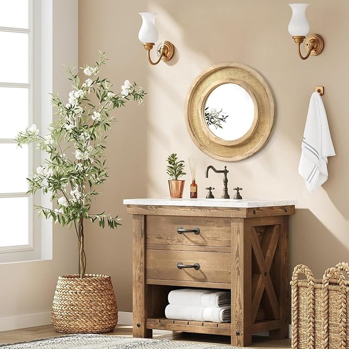 JJUUYOU Wood Mirror with Wood Frame Circle Mirrors for Wall 16 Inch Circular Hanging Mirrors for Living Room Bathroom Vanity Entryway Hallway Brown