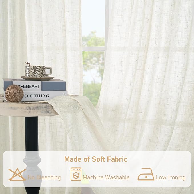 Sheer Linen Curtains 63 inches Long for Bedroom 2 Panels Set | Cream, Light Filtering Living Room Curtains, Linen Textured, Neutral Boho, Drapes for Farmhouse, Bronze Grommet, 52 x 63 Inch