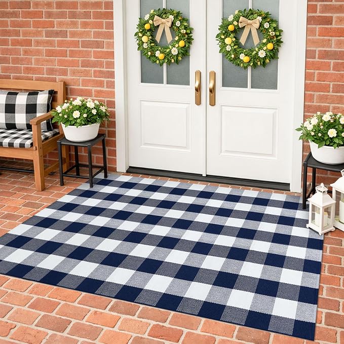 KILOCOCO Buffalo Plaid Checkered Rug 4x6 ft Blue and White Front Door Rug | Machine Washable Front Porch Rug, Outdoor Rugs, Indoor Living Room Rug, Cotton Low Pile Rugs for Kitchen Patio Dining Room