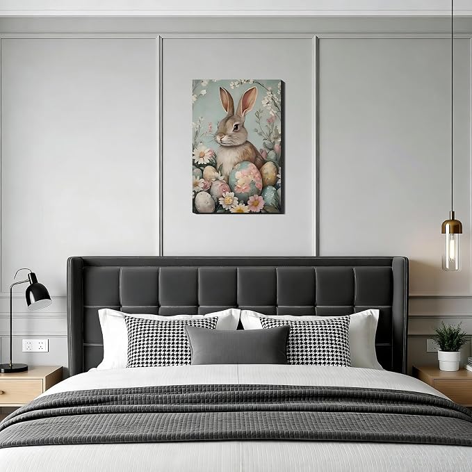 RIBNTAK Large Vintage Easter Bunny Eggs Wall Art, Colorful Rabbit Canvas Prints Wall Decor for Bedroom,Bathroom, Bar, Office Classic, Rabbit Pictures Artwork & Farmhouse Easter Decor