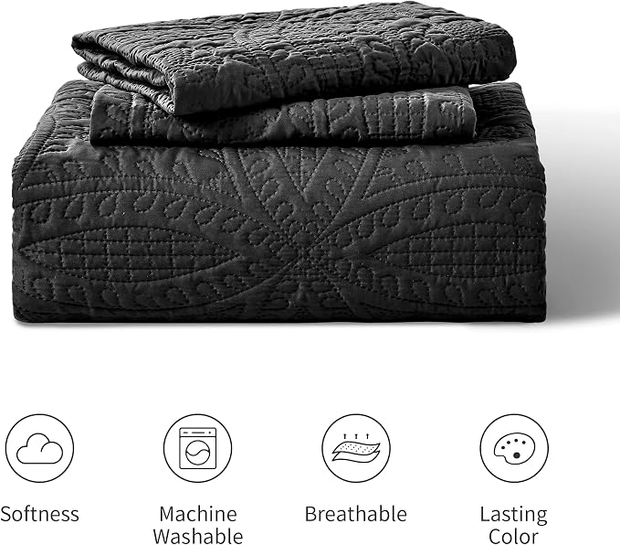 Love's cabin King Size Quilt Set Black Bedspreads - Soft Bed Fall Lightweight Bedspread Comforter - Modern Style Coin Pattern Coverlet for All Season - 3 Pieces (1 Quilt, 2 Pillow Shams)