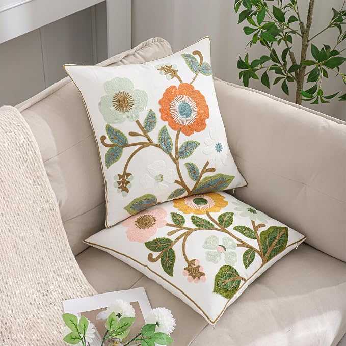 Floral Throw Pillow Covers 18x18 Pack of 2 Pink and Yellow Flower Embroidered Pillow Cover with Green Leaves Farmhouse Pillow Cushion Case Decorative Farm Pillowcases for Summer Fall Autumn