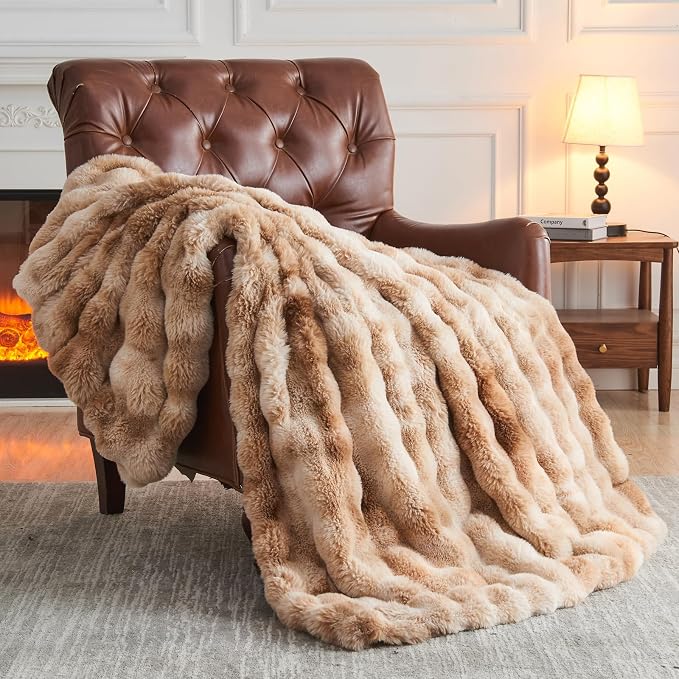 NEWCOSPLAY Faux Fur Bubble Twin Blanket for Couch, Tie-Dye Beige, 60"x80" | Fluffy Soft Thick Warm Bubble Blanket for Couch Sofa Bed 700GSM, Plush Cozy Luxury Decorative Throw, Gift for Women Men