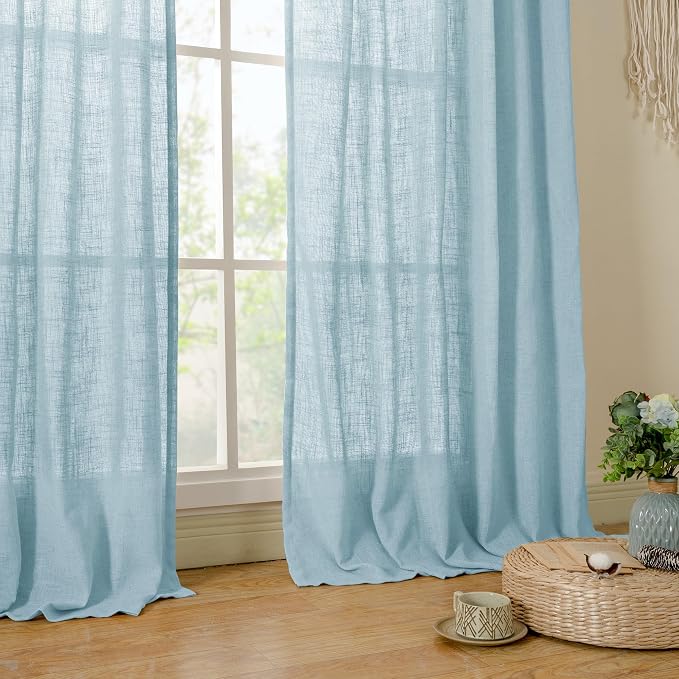 Semi Sheer Window Linen Curtains 54 Inch, 2 Panels, 34 x 54 Inch | Light Filtering Panels, Rod Pocket Back Tab, Country Decor Drapes for Bedroom, Farmhouse, Stone Blue, 2 Panels