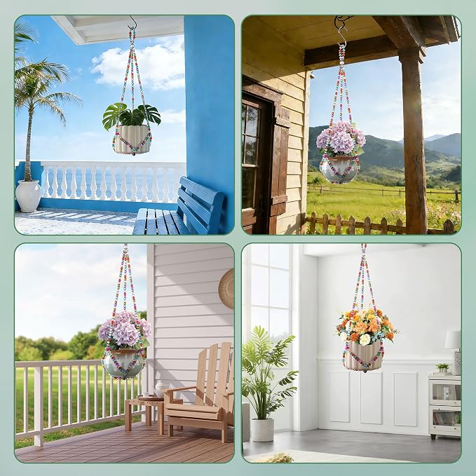 17'',2 Pack Macrame Plant Hanger, Handmade Glass Bead Plant Hanger Colorful Decorative Bohemian Hanging Planter Holder for Indoor and Outdoor Home Garden Decor. Includes Two Hooks.