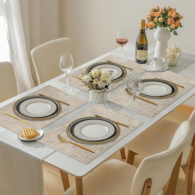 Vinyl Placemats Set of 8, PVC Woven Washable Non-Slip Table Mats, Heat Resistant Wrinkle Free Place Mats for Dining Table, Easy to Clean (8, Caramel)
