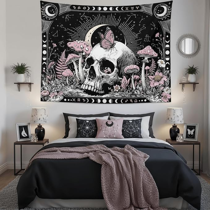 Accnicc Gothic Skull Tapestry Goth Skeleton Butterfly Mushroom Tapestries Wall Hanging Witchy Plant Floral Celestial Constellation Large Tapestry for Bedroom Living Room Dorm 80 x 60 inch