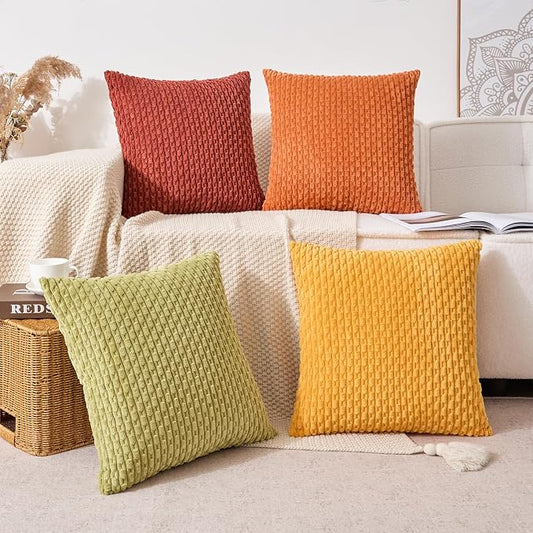 Kevin Textile Spring Decorative Pillow Covers 20x20 Inch Set of 4 Soft Boho Corduroy Throw Pillow Cases Mix and Match Colors Plush Texture Pillows for Sofa Couch Bedroom Home Decor Cream Green/Orange