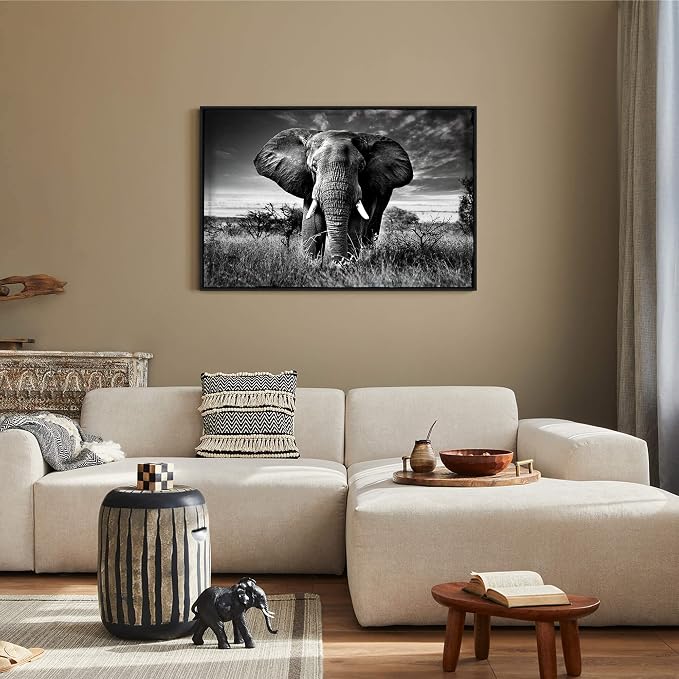 Framed Elephant Picture Wall Decor: Black White African Animals Painting Tropical Wildlife Prints Nature Artwork For Bedroom Living Room 45x30