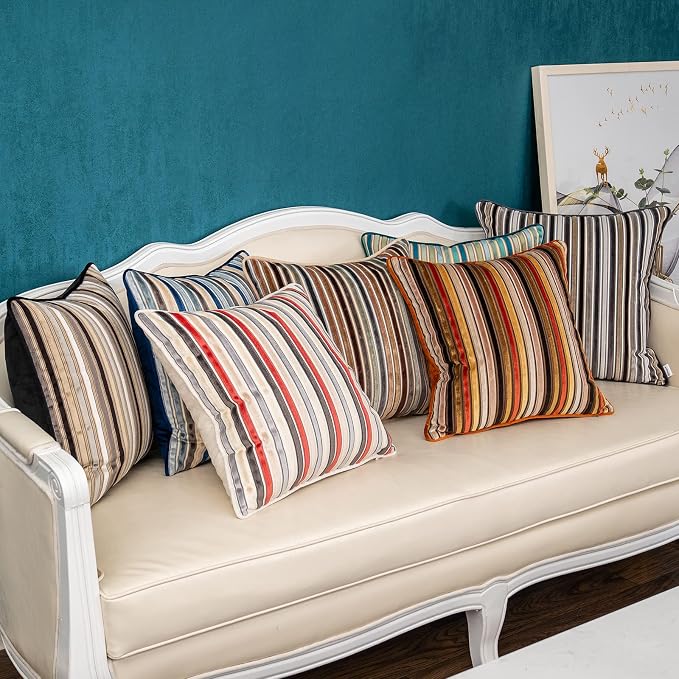 Yangest Beige Striped Throw Pillow Cover Multicolor Velvet Cushion Cover Zippered Rectangular Pillowcase for Sofa Couch Bedroom Living Room Home Decoration, 12x20 Inch