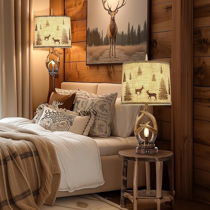Scenekoy Rustic Farmhouse Antlers Table Lamp Set of 2 with Night Light