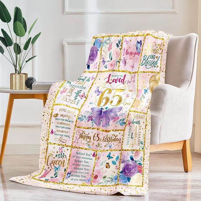 65th Birthday Gifts for Her - 65 Year Old Gifts for Women Mom - 65th Milestone Birthdays Blanket -65th Birthday Blanket for Women - Warm Soft Plush Flannel Throw Blankets (80"x60")