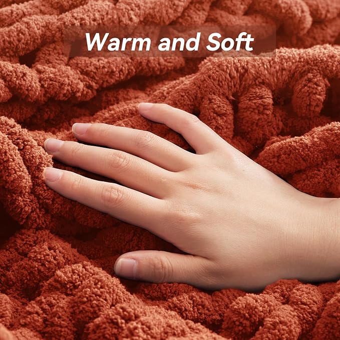 Negwoo Chunky Knit Throw Blanket, Knitted Throw Chenille Yarn, 80"*90" | Soft Thick Cable Knitted Blankets, Handmade Big Thick Blanket, Machine Washable Cute Comfy Blanket for Home Decor, Orange