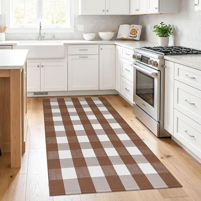 KILOCOCO Buffalo Plaid Checkered Rug 3x5 ft Brown and White Front Door Rug | Machine Washable Front Porch Rug, Outdoor Indoor Entryway Rug, Cotton Layered Doormat, Low Pile Rugs for Kitchen Patio