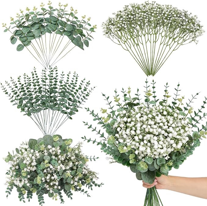 Serwalin 50PCS Mixed Eucalyptus Stems with Baby's Breath Greenery | Faux Greenery Stems & Babys Breath Artificial Flowers Bulk for DIY Bouquets,Wedding Centerpieces,Floral Arrangements Decor
