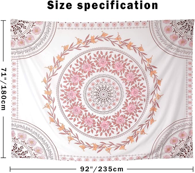 Wall Tapestry for Bedroom Aesthetic Pink Mandala Wall Hanging Large Boho Trippy Tapestries Bohemian Art Tapistry Hippie Floral Tapastry Decor For Bedroom Ceiling Living Room Dorm (71ʺ × 91ʺ)